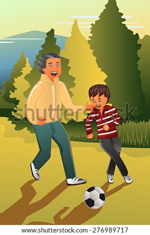 A vector illustration of father playing soccer with his son