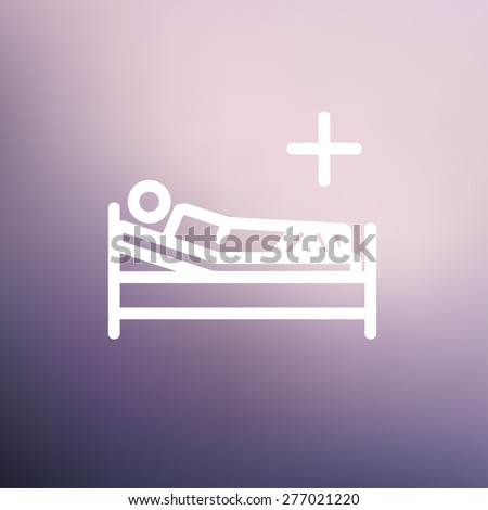 Patient is lying on medical bed icon thin line for web and mobile, modern minimalistic flat design. Vector white icon on gradient mesh background.