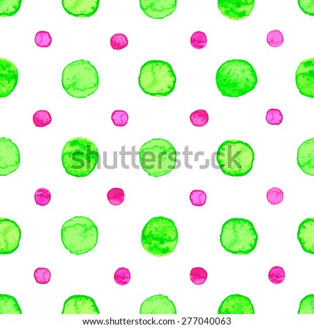 Seamless hand drawn watercolor pattern made of round green and pink dots, isolated over white.