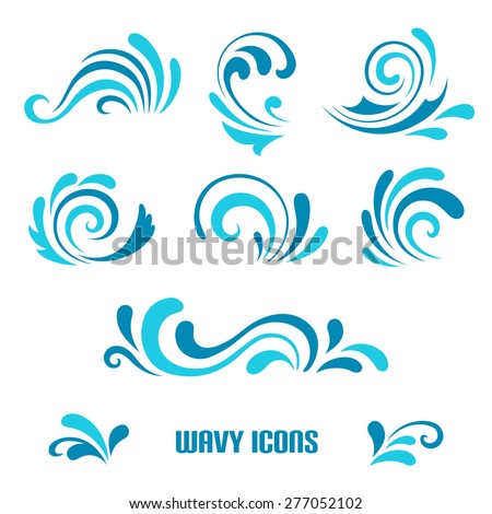 Vector wave icons, set of decorative curly shapes on white