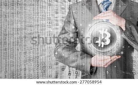 Businessman with protective gesture bitcoins