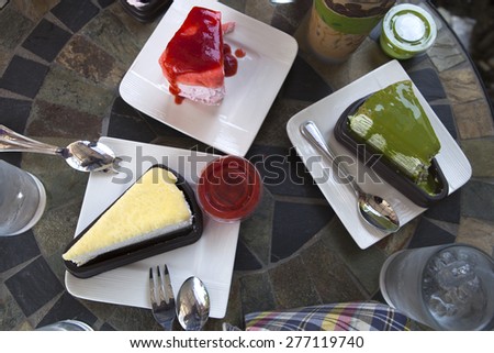 colorful cake on table background, top view