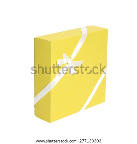 Single vertical yellow box with white ribbon on white background, cut out