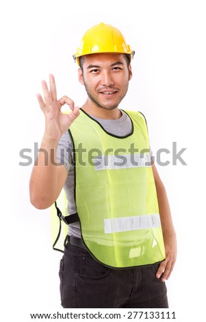 construction worker showing ok hand sign gesture on white background