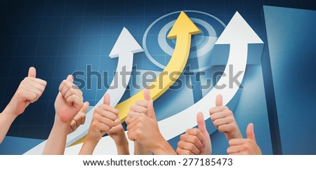 Group of hands giving thumbs up against digital blue background with arrows