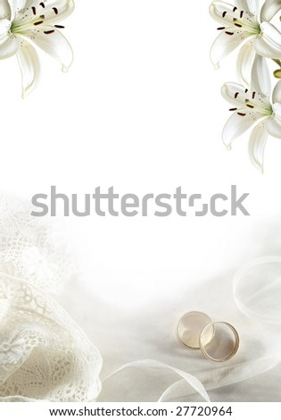 White wedding greeting blank with two rings or bands and lilies