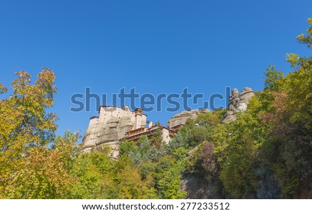 Greece landscape view of Meteora mountains at a winter sunny day