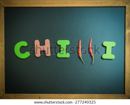 Chilli wooden word on black board 