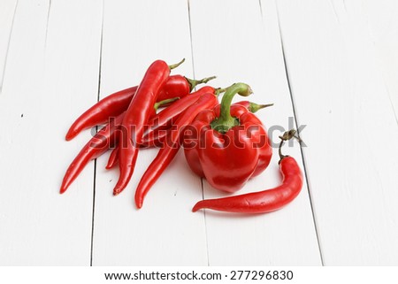 Red Hot Peppers on the White Wooden Table