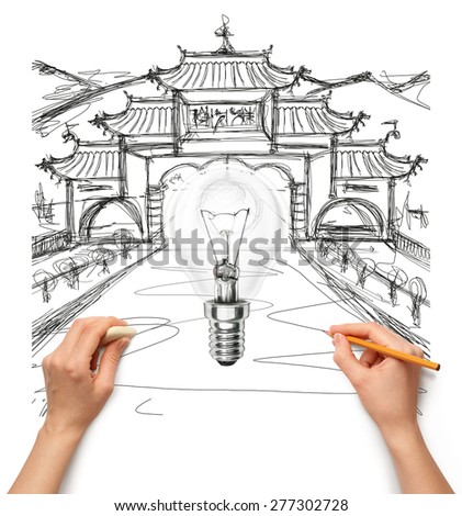 Idea travel background with lamp, sketch and human hand with pencil
