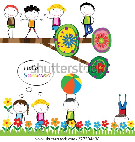 Happy boys and girls in garden with colorful tree