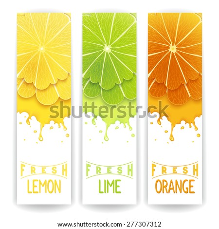 Three bright banner with stylized citrus fruit and splashes. Lemon, lime and orange fresh juice