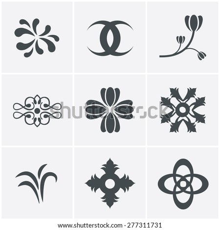 Set hand drawn black silhouettes flowers Icons Set, Vector Design