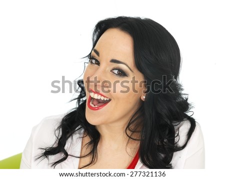 Happy Young Hispanic Or Caucasian Woman, in Her Twenties, With Black Hair, Happy Successful And Celebrating, Isolated On White