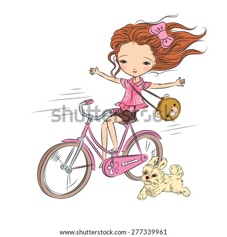 Girl on pink bike with puppy - pink mood. Hand drawn vector illustration
