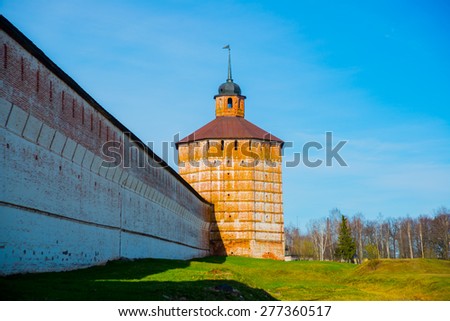 KIRILLOV, RUSSIA: Old Orthodox religious buildings on the background of blue sky
