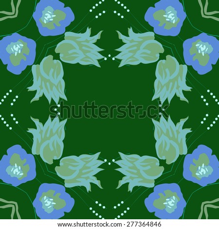 Circular seamless pattern of floral motif, ellipses, branches, flowers, stamens, copy space. Hand drawn.