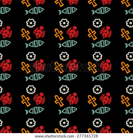 Egyptian seamless pattern with scarab beetle, flower, fish, ankh cross. Egypt hieroglyphs. Tribal art repeating background texture. Cloth design. Wallpaper 
