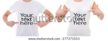 close up of man and woman showing t-shirts with "your text here" isolated on white background Royalty-Free Stock Photo #277371053