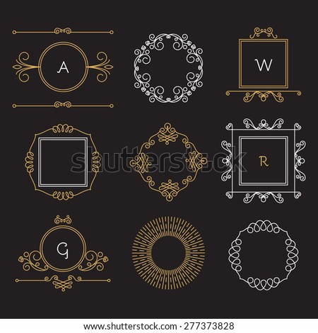 Mono line elegant design elements. Badges, vignettes & frames set. Vector illustration