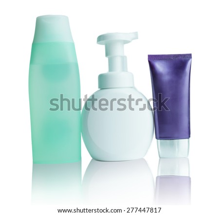 plastic bottles and cosmetic packaging with white background, isolated