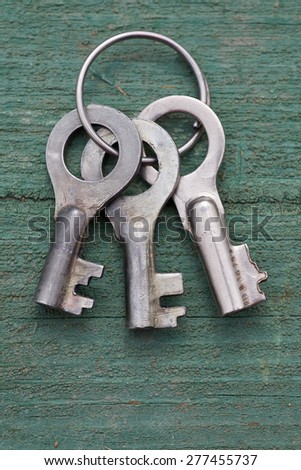 A bunch of old keys  on wood background 
