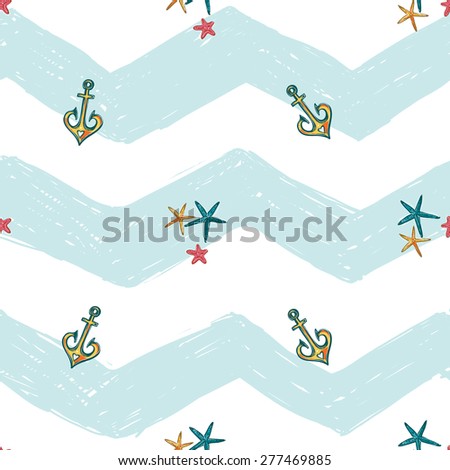 Hand drawn bright sketched kids starfish and anchor. Set of isolated sea summer ocean beach party marine wedding seamless pattern. Colored sketch on white blue chevron background