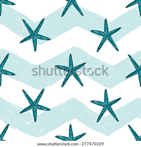 Hand drawn bright sketched kids starfish. Set of isolated sea summer ocean beach party marine wedding seamless pattern. Colored sketch on white blue chevron background