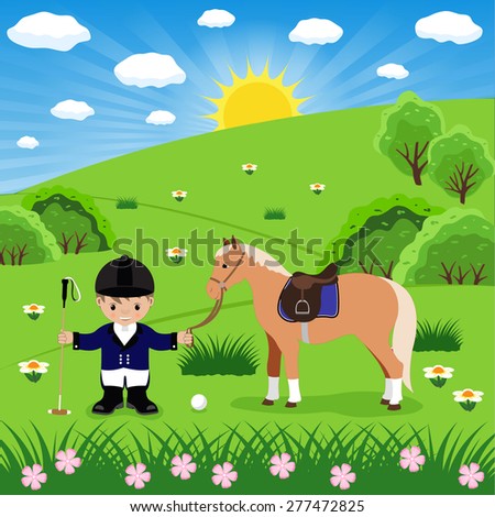polo player and horse in the meadow