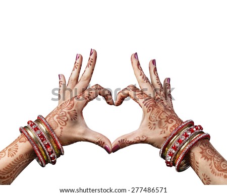Woman hands with henna doing heart gesture isolated on white background with clipping path 