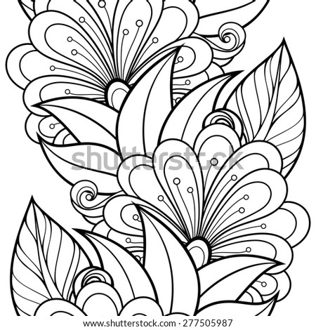 Seamless Monochrome Floral Pattern. Hand Drawn Floral Texture, Decorative Flowers, Coloring Book