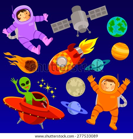 set of cartoon space elements and two happy astronauts