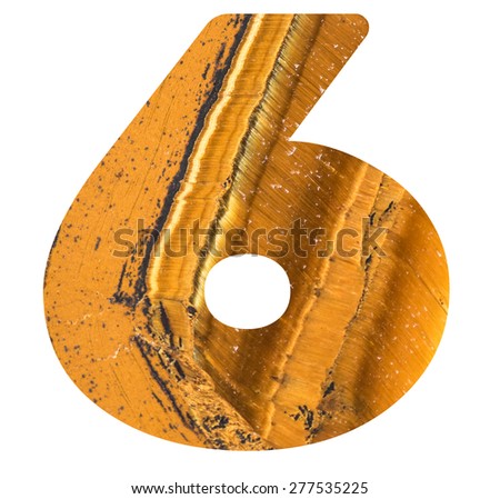 Numbers from mineral tiger eye isolated on white background, number - 6.