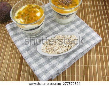 Layered dessert with yoghurt, poppy seeds and passion fruit