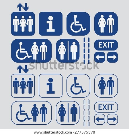 Blue line and silhouette Man and Woman public access icons set on gray background