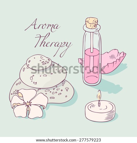 Aromatherapy hand drawn clip art with rose oil, petal and hot stones. Spa background.  Vector illustration