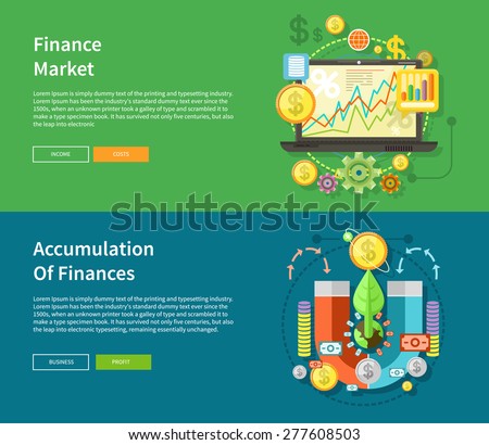 Accumulation of finances concept of a magnet attracting golden coins from one side to the other. Financial diagram on a laptop monitor. News from finance market. Concept in flat design style