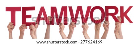 Many Caucasian People And Hands Holding Red Straight Letters Or Characters Building The Isolated English Word Teamwork On White Background