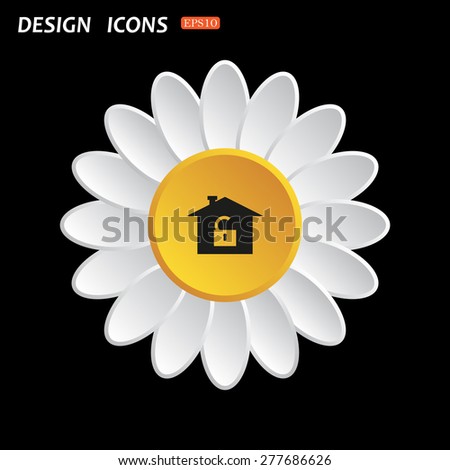 White daisy flower on a black background. House, access is open, unlocked. icon. vector design