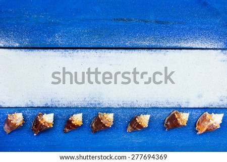 Blank rustic ocean blue wooden sign with sand texture and seashell border