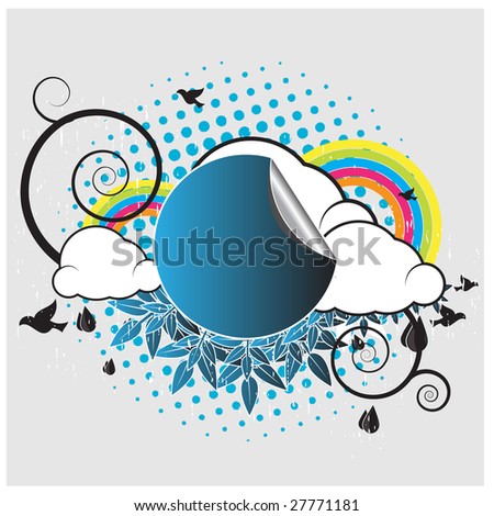 Retro Banner With Clouds and birds flying around with rainbows in background