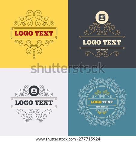 Vintage flourishes calligraphic. Hipster photo camera with mustache sign icon. Retro camera symbol. Luxury ornament lines. Vector