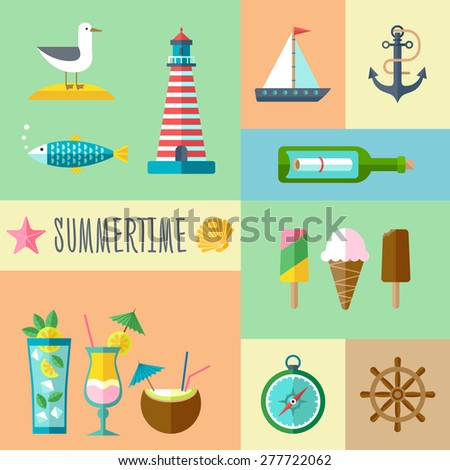 Summertime Icon Set for Vacation and Tourism in Flat Design