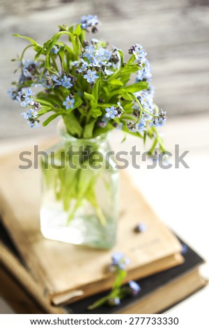 Bouquet of blue wild forget-me-not flowers. Selective focus. Shallow depth of field.