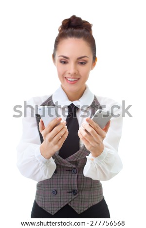 Businesswoman thinking about which mobile phone is better
