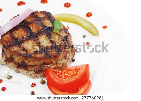 extra thick hot beef meat hamburger dinner on white plate with tomatoes salad and ketchup isolated on white background