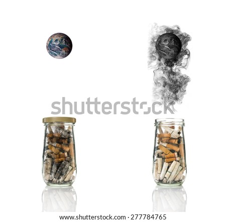 Cigarette butt in open and close bottle with smoke Burning the world, world no tobacco day, Elements of this image furnished by NASA