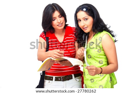 two girls discussing over a white background