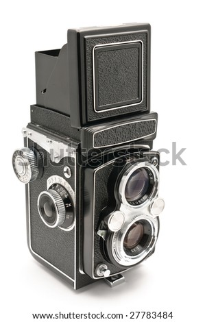 old twin lens reflex camera isolated on white background