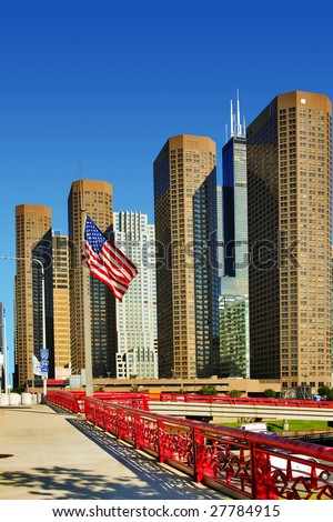 American flag on Chicago downtown background